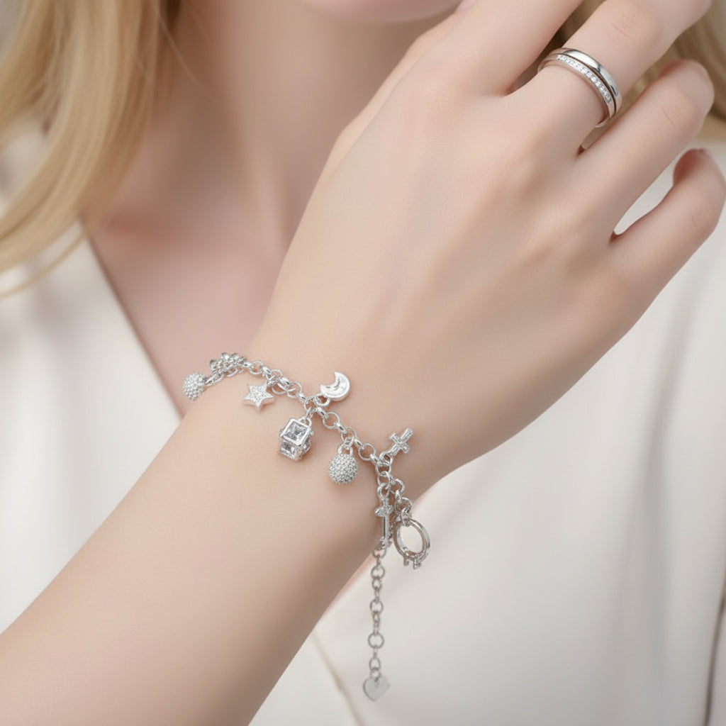 925 Silver 13-Charm Bracelet for Girls