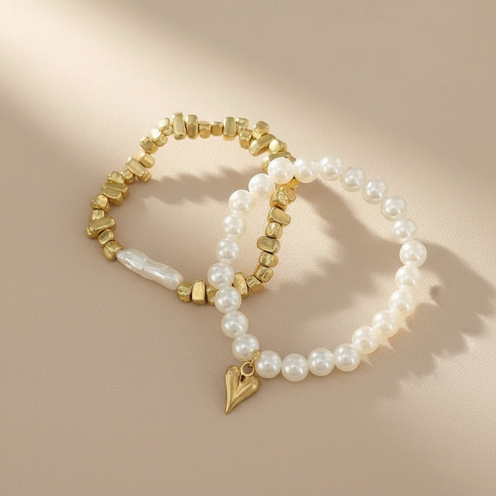 Pearl Heart Bracelet Set (2pcs)