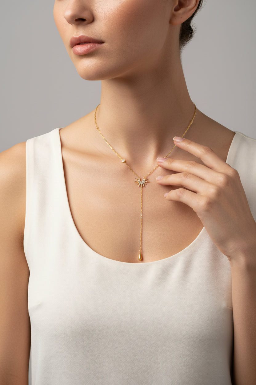 Y-Shape Gold Zirconia Long Pendant Necklace