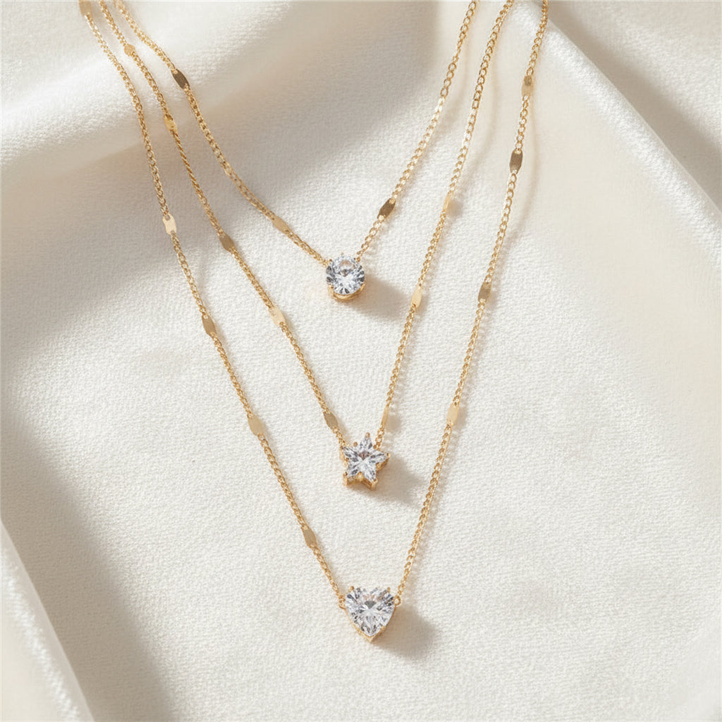 Layered Gold Heart &amp; Star Pendant Necklace
