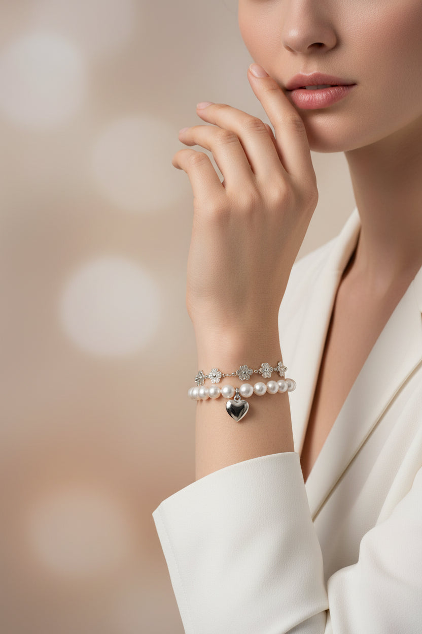 Pearl Heart Bracelet Set (2pcs)
