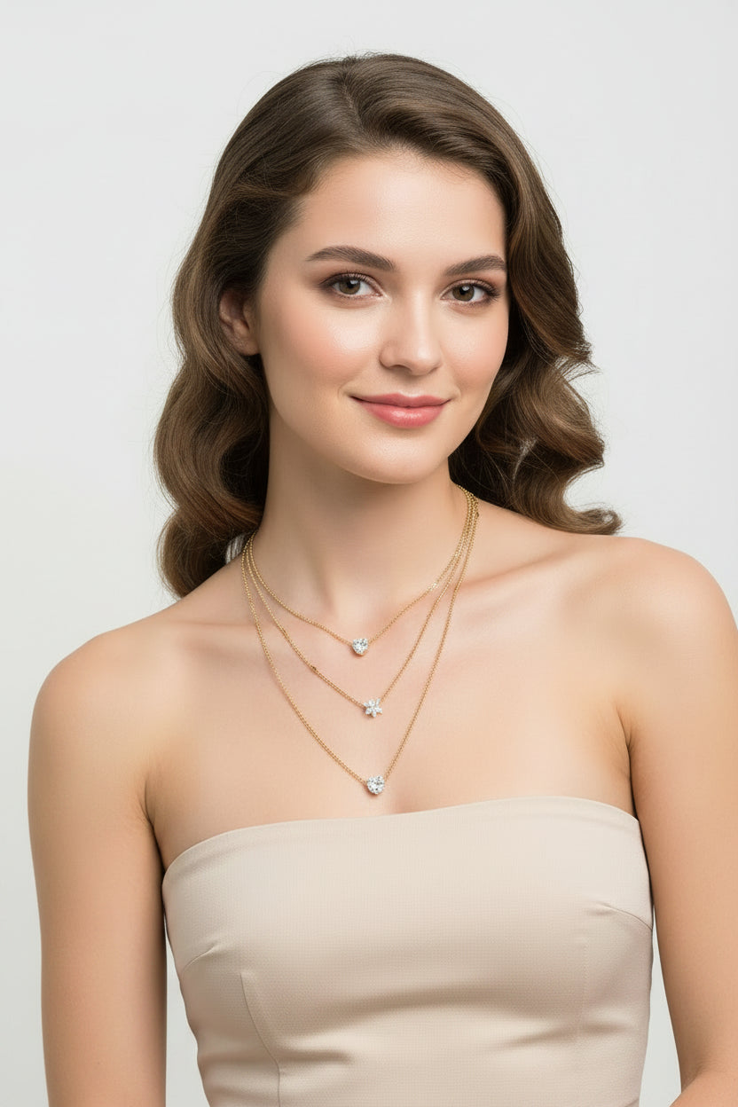 Layered Gold Heart &amp; Star Pendant Necklace