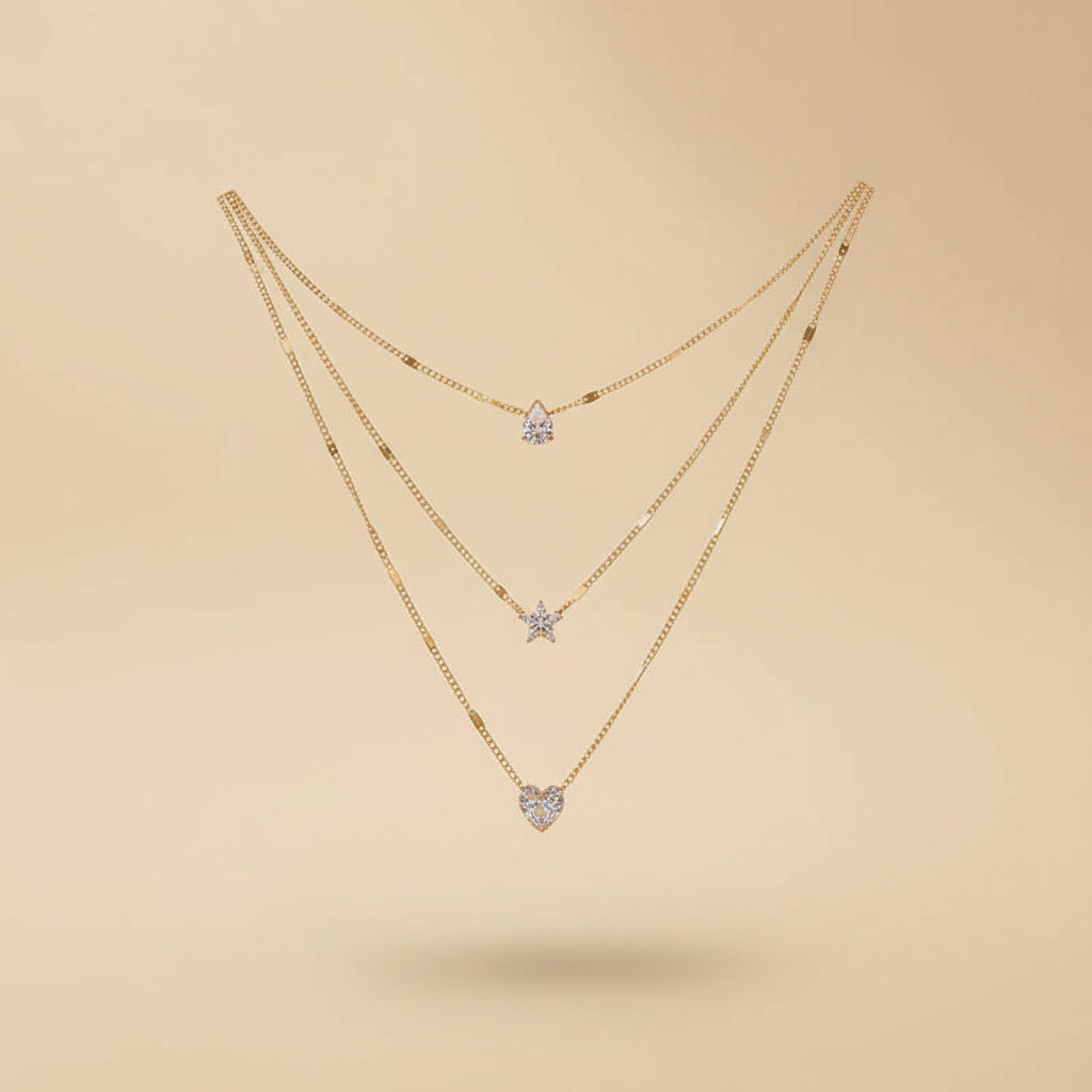 Layered Gold Heart &amp; Star Pendant Necklace