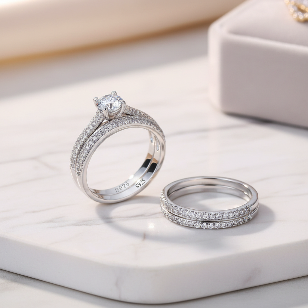 Vintage Halo Wedding Ring Set