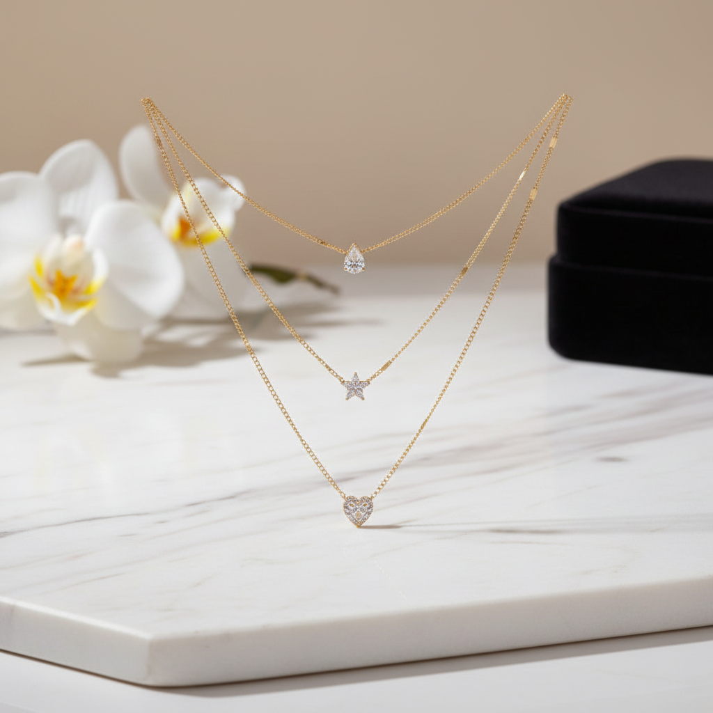Layered Gold Heart & Star Pendant Necklace